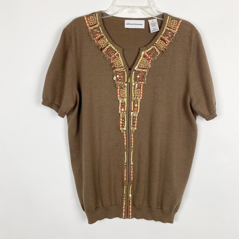 Alfred Dunner Embellished Sequin Zip Front Knit Sweater Women Medium‎ Brown